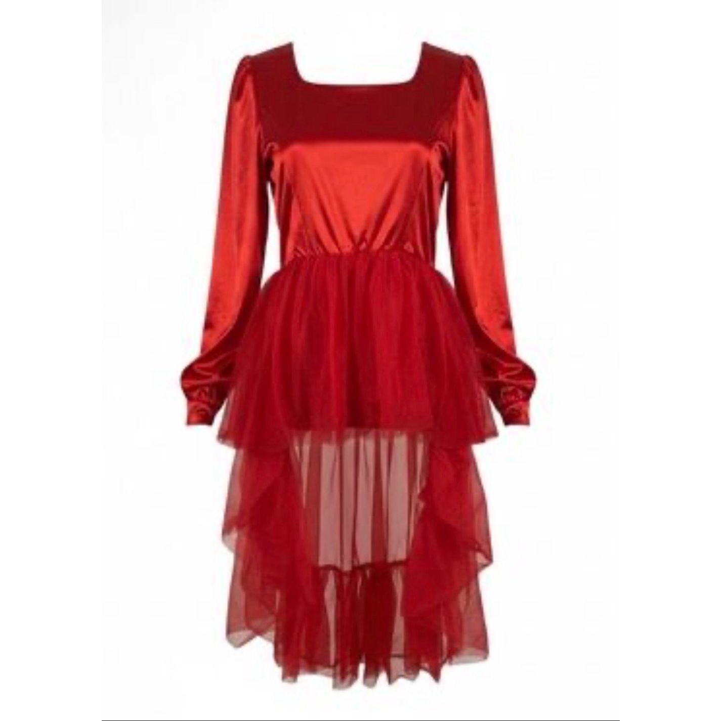 Red Tulle Ruffled Hi-Lo Style Blouse